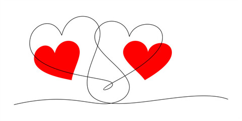 Continuous line drawing of two hearts shape with red love spotted.