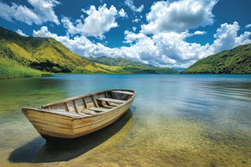 Serene Landscape with a Wooden Boat on Calm Water Surrounded by Lush Mountains and Clear Blue Skies Reflecting in a Tranquil Lake Setting