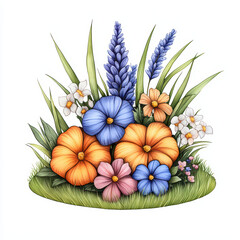 Fototapeta premium Beautiful watercolor of colorful flowers and green grass