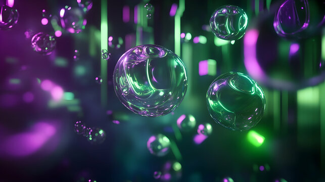 Futuristic 3D abstract background with floating, translucent cubes and spheres, illuminated by flickering neon green and purple lights in a dark space - Powered by Adobe