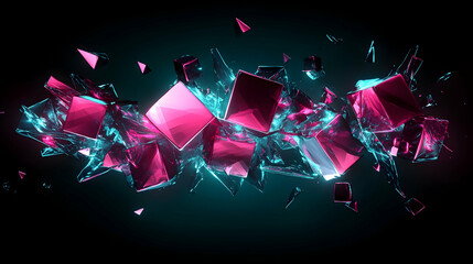 Futuristic 3D abstract design featuring glowing, fragmented cubes and sharp angular structures in neon pink and cyan, set against a dark backdrop