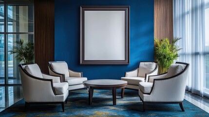 Elegant room featuring a blue accent wall, modern armchairs, and a coffee table, with an empty picture frame for customization.