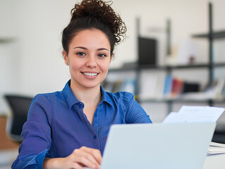Portrait d'une travailleuse de bureau : jeune femme en tenue professionnelle assise devant un ordinateur, assistante de direction, chef de projet, cadre administratif, juriste, RH au travail