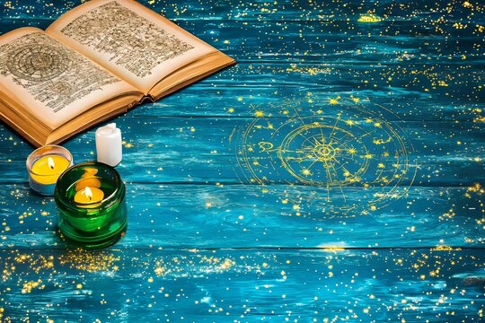 A mystical table adorned with an open astrology book, zodiac wheel, and celestial objects. Generative AI