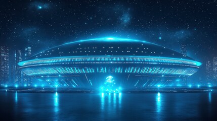 Obraz premium Futuristic blue glowing spaceship hovering above a tranquil lake with a starry night sky and city skyline in the background, showcasing advanced technology and imagination
