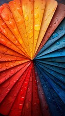 Colorful paper fan arrangement displaying vibrant hues with water droplets on a textured surface