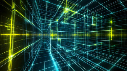 Futuristic 3D abstract scene with illuminated cubic grids and complex wireframe structures in neon green and blue, floating in a void