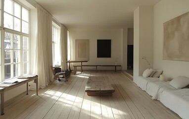 Sunlit minimalist living room with wooden floors, large windows, and simple furniture.