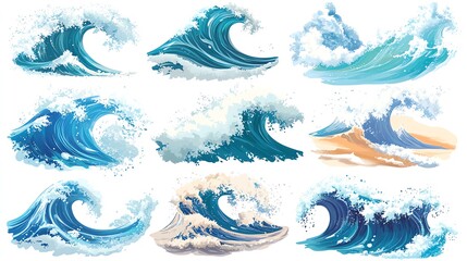 A set of nine cartoon waves in various styles with blue and white colors, on a white background.