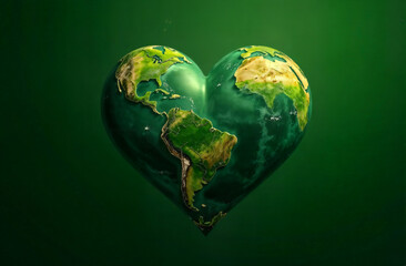 In the shape of a heart, the planet is green with continents and seas on a green background in the...