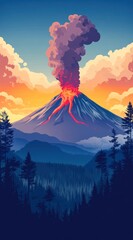 Volcano erupting at sunset, fiery lava flows down mountainside, silhouetted forest.