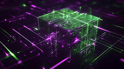 Geometric 3D abstract composition with intricate fractal patterns in vivid green and purple, surrounded by glowing light streaks on a black canvas