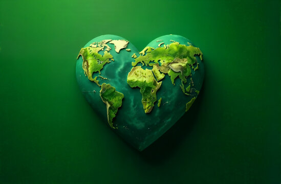 The concept of love for the planet, care for the planet, ecology. In the shape of a heart, the planet is green with embossed continents and seas on a rich green background in the center.