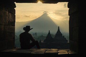 Sunset View from Ancient Temple Window with Silhouette of a Man and Majestic Mountain in the Background, Highlighting Natural Beauty and Cultural Heritage