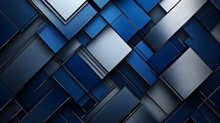 Fototapeta premium Geometric 3D abstract design with fragmented, angular shapes, metallic textures, and gradients of dark blue and silver, producing a bold, high-tech aesthetic