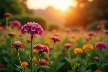 Fototapeta premium Achillea collina blooms in the late afternoon sun casting a warm glow over the surrounding landscape, herb garden, warm glow, natural landscape