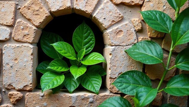 Adhatoda vasica leaves nestled within worn stone mortar, vintage wall, organic, adhatoda