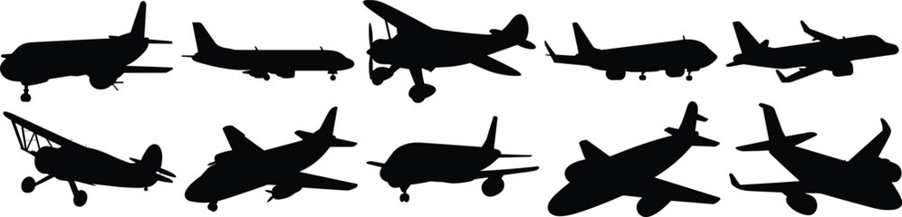 Plane silhouettes set, airplane pack of vector silhouette design, isolated background