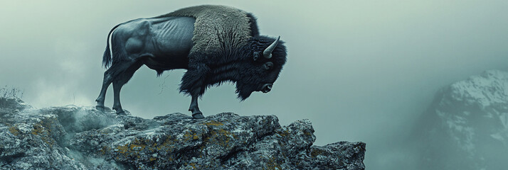 Obraz premium A bison standing on a granite outcrop, its dark figure contrasting with the soft lichen and light mist rising from below. 