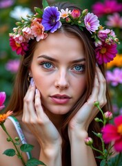 Naklejka premium Woman with a vibrant flower crown in a botanical garden during midday surrounded by blooms
