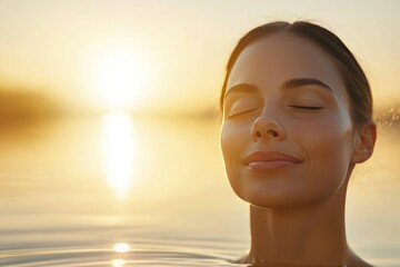 Serene Woman in Water at Sunset, Embracing the Calmness of Nature, Radiating Peace and Contentment in Golden Hour Light