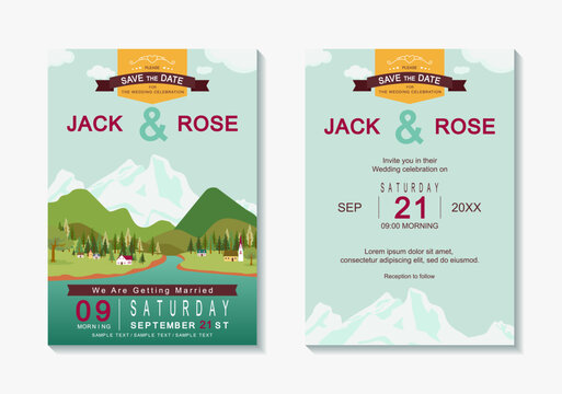 Mountain lake and village wedding invitation card template vector illustrator