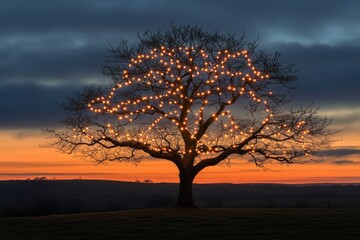 Illuminated Tree Against a Vibrant Sunset Sky, Capturing the Beauty of Nature's Transition from Day to Night, Radiating Warmth and Tranquility
