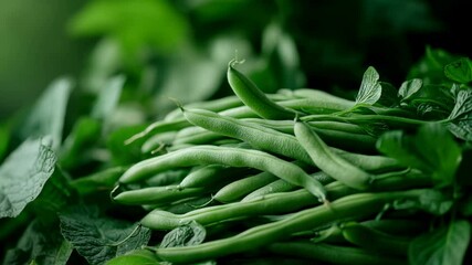 Lush green beans are freshly gathered from the garden, surrounded by vibrant foliage. Sunlight enhances the rich colors, highlighting the freshness of the harvest.