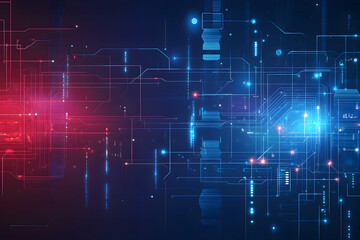 Glowing lines and digital elements create a cyberpunk-style background, showcasing technological advancements with vibrant light effects and futuristic appeal