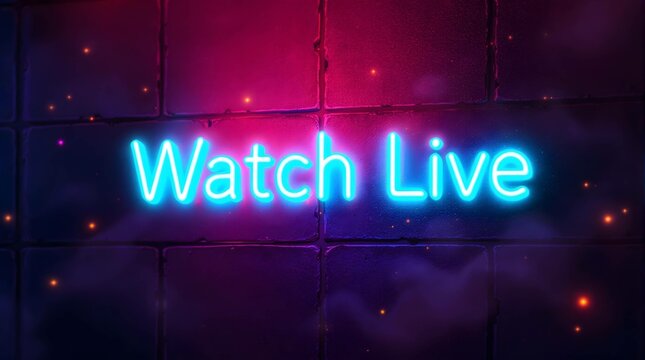 Watch Live blue neon sign on dark textured background with glow. vibrant Energetic, exciting. Ideal for streaming, online events and live broadcasts