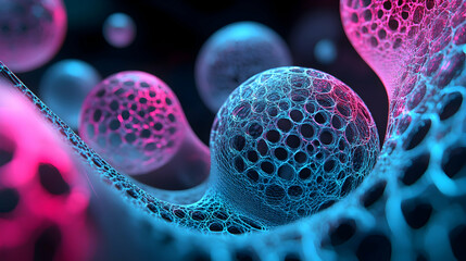 Intricate 3D abstract background with interwoven wireframe spheres emitting soft neon blue and pink glows, set against a gradient black canvas