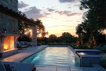 Tranquil Outdoor Retreat Featuring a Serene Pool, Cozy Fireplace, and Lush Garden at Sunset in a Private Modern Backyard Oasis
