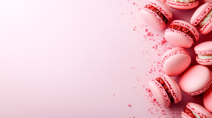 Pink Macarons on Pink Background with Crumbs