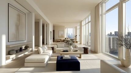 Sunlit modern living room with city view, minimalist furniture, and large windows.