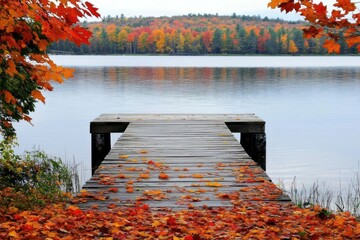 Serene Autumn Scene with Colorful Leaves Surrounding a Tranquil Lake and Wooden Dock in a Peaceful Natural Setting, Perfect for Relaxation and Reflection