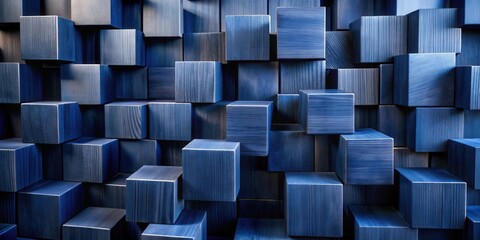Fototapeta premium A wall of stacked blue wooden cubes with intricate grain patterns, creating a captivating geometric abstract background.