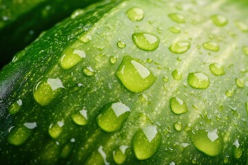 Close-Up View of Fresh Green Cucumber Surface with Water Drops, Highlighting Natural Texture and Juicy Freshness Ideal for Culinary and Health Themes