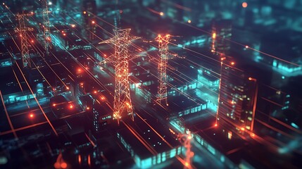 Digital rendering of a futuristic city at night with showcasing an intricate power grid and urban infrastructure.