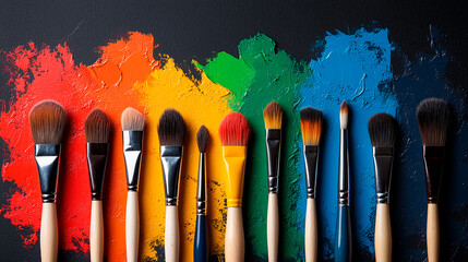Twelve Paintbrushes on Multicolored Paint Background