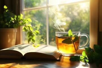 Cozy Morning Tea with Fresh Mint and Warm Sunlight Streaming Through a Window, Inviting Calmness and Serenity into Daily Life