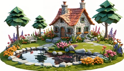 Obraz premium Charming Stone Cottage Low Poly Garden Pond Scene