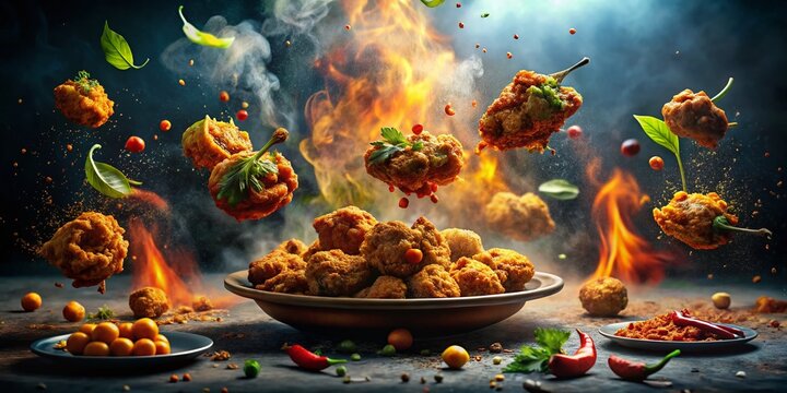 Surreal Floating Indian Vegetable Pakoras, Vibrant Spices, Dreamlike Food Photography