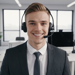 Portrait of man in call center with smile, headset and happy to help at customer service agency or sales desk. Telemarketing, communication or reception, businessman with cheerful face . Ai generator 