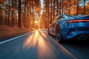 Fototapeta premium Stunning Blue Sports Car Speeds Through Autumn Forest at Sunrise