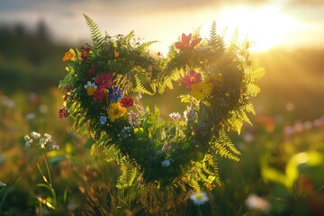 Heart-Shaped Floral Arrangement With Vibrant Flowers and Lush Ferns Against a Golden Sunrise in a Peaceful Meadow Setting