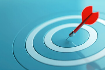 Focused Arrow Hitting Center of Target, Symbolizing Success, Achievement, Business Goals, Determination, and Precision in a Calm Blue Environment