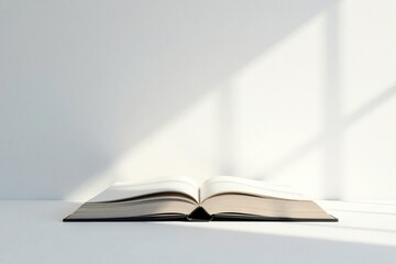 An empty book placed on a stark white wall with no other objects nearby to break the isolation, wall, quiet