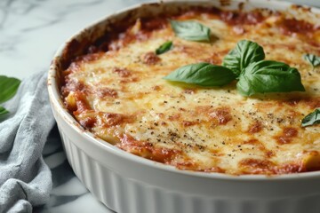 Delicious Homemade Lasagna with Melted Cheese and Fresh Basil on Top Captured in a Rustic Kitchen Setting with Marble Background