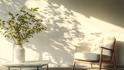 Fototapeta premium Sunlit room interior with armchair, table, and plant.