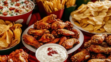 A festive Super Bowl Sunday table setup with snacks like wings, chips, and dip, surrounded by fans' jerseys and football decorations, creating a vibrant party atmosphere